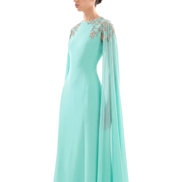 Saiid Kobeisy Embellished Crepe Kaftan in Bleached Aqua, Style 12, view 4