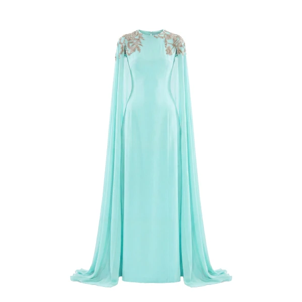Saiid Kobeisy Embellished Crepe Kaftan in Bleached Aqua, Style 12