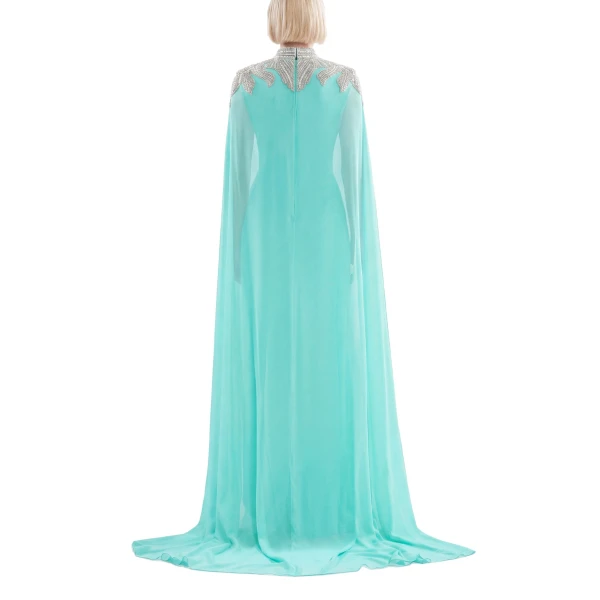 Saiid Kobeisy Embellished Crepe Kaftan in Bleached Aqua, Style 13, view 3
