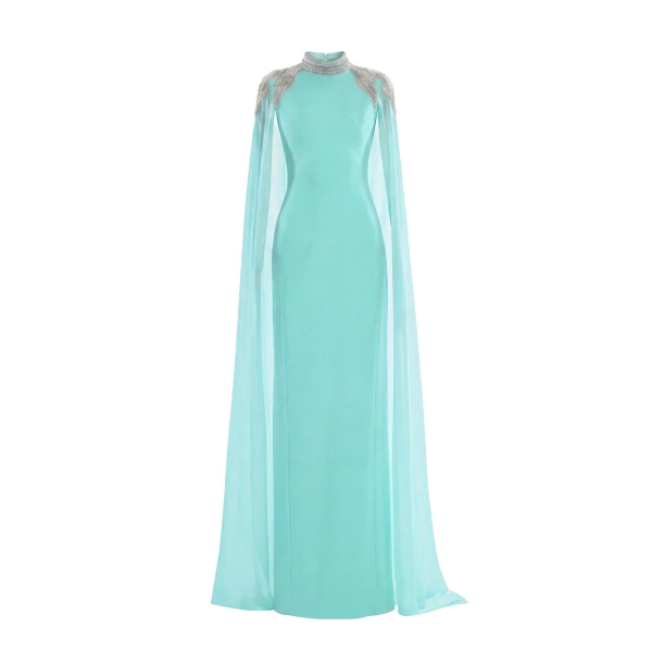Saiid Kobeisy Embellished Crepe Kaftan in Bleached Aqua, Style 13