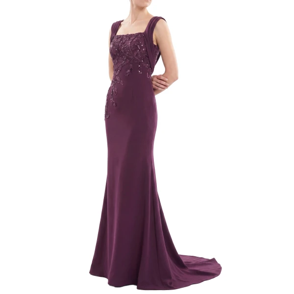 Saiid Kobeisy Embellished Long Crepe Dress in Italian Plum, view 3