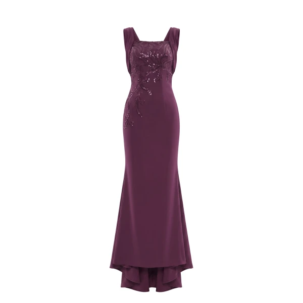 Saiid Kobeisy Embellished Long Crepe Dress in Italian Plum