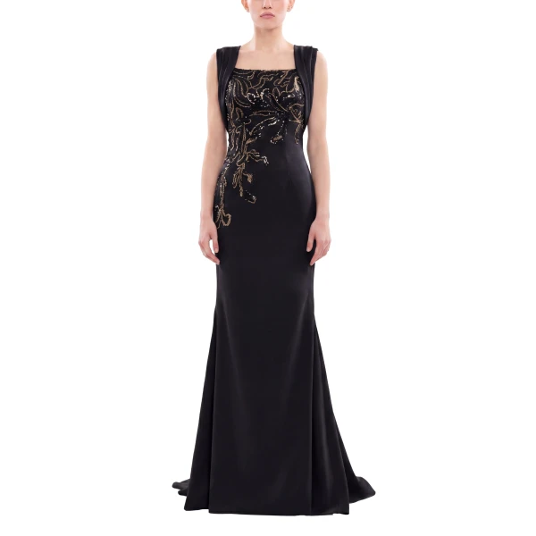 Saiid Kobeisy Embellished Long Crepe Dress in Jet Black, view 2