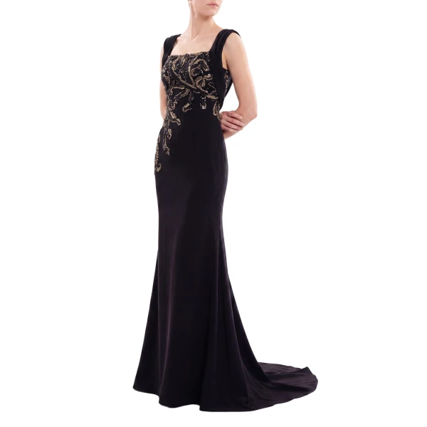 Saiid Kobeisy Embellished Long Crepe Dress in Jet Black, view 3
