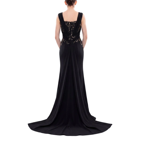 Saiid Kobeisy Embellished Long Crepe Dress in Jet Black, view 4
