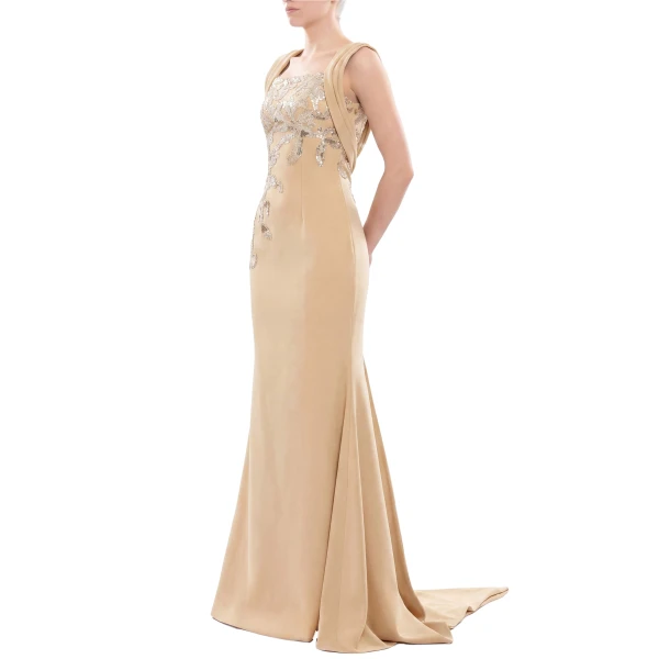 Saiid Kobeisy Embellished Long Crepe Dress in Light Gold, view 3
