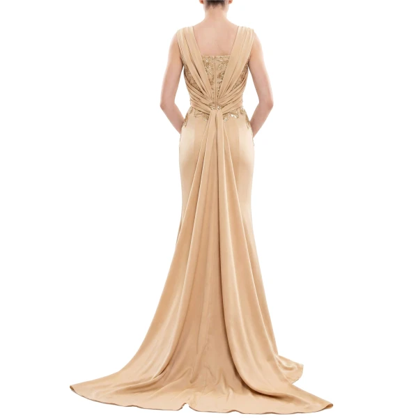 Saiid Kobeisy Embellished Long Crepe Dress in Light Gold, view 4
