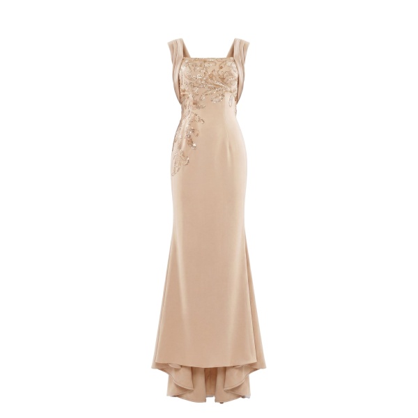 Saiid Kobeisy Embellished Long Crepe Dress in Light Gold