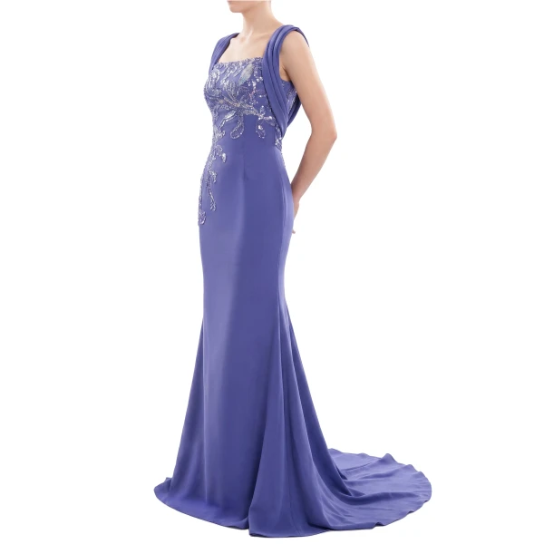 Saiid Kobeisy Embellished Long Crepe Dress in Marlin, view 3