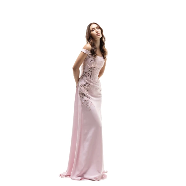 Saiid Kobeisy Embellished Off-Shoulder Dress in Salsa Rosa, view 2