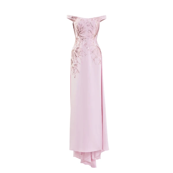 Saiid Kobeisy Embellished Off-Shoulder Dress in Salsa Rosa