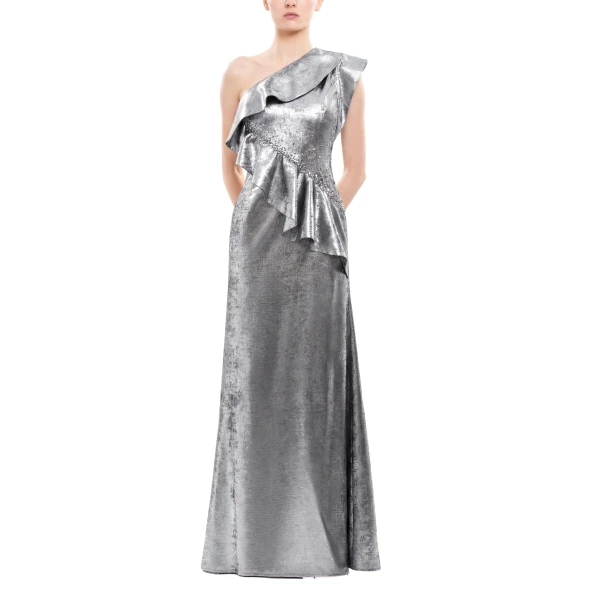 Saiid Kobeisy Embellished One-Shoulder Lamé Dress in Metallic Silver, view 2