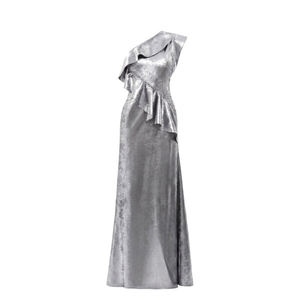 Saiid Kobeisy Embellished One-Shoulder Lamé Dress in Metallic Silver