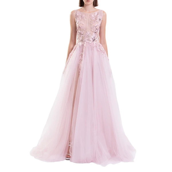 Saiid Kobeisy Embroidered Gathered Tulle Dress in Salsa Rosa, view 3