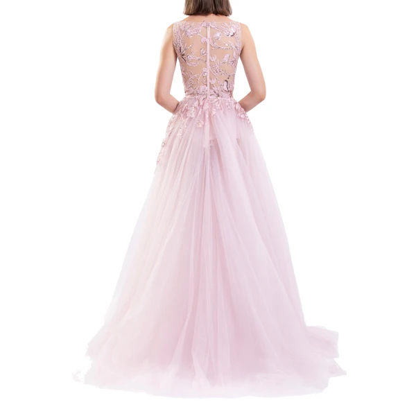 Saiid Kobeisy Embroidered Gathered Tulle Dress in Salsa Rosa, view 4