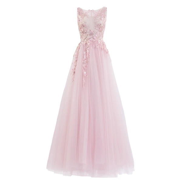 Saiid Kobeisy Embroidered Gathered Tulle Dress in Salsa Rosa