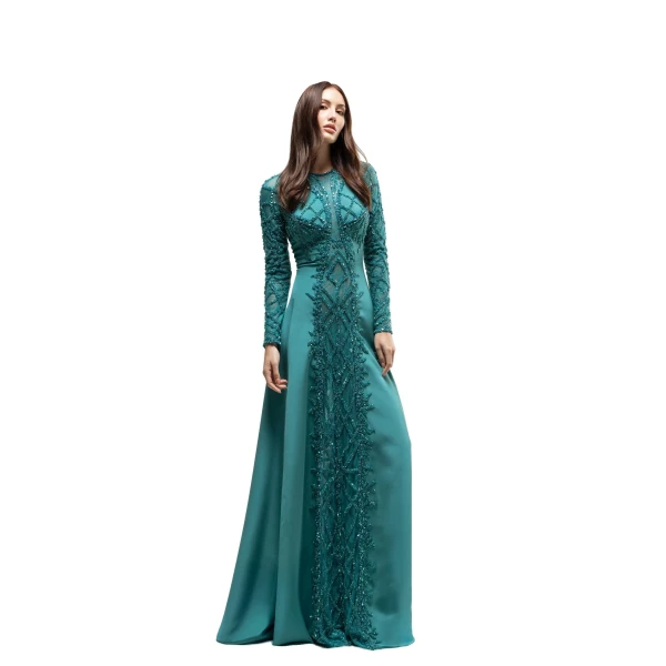 Saiid Kobeisy Embroidered Geometric Crepe Dress in North Sea, view 2