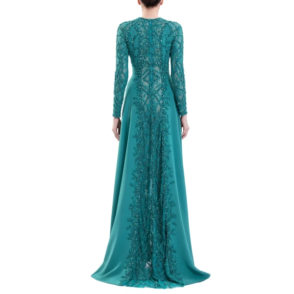 Saiid Kobeisy Embroidered Geometric Crepe Dress in North Sea, view 5