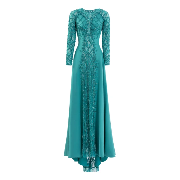 Saiid Kobeisy Embroidered Geometric Crepe Dress in North Sea
