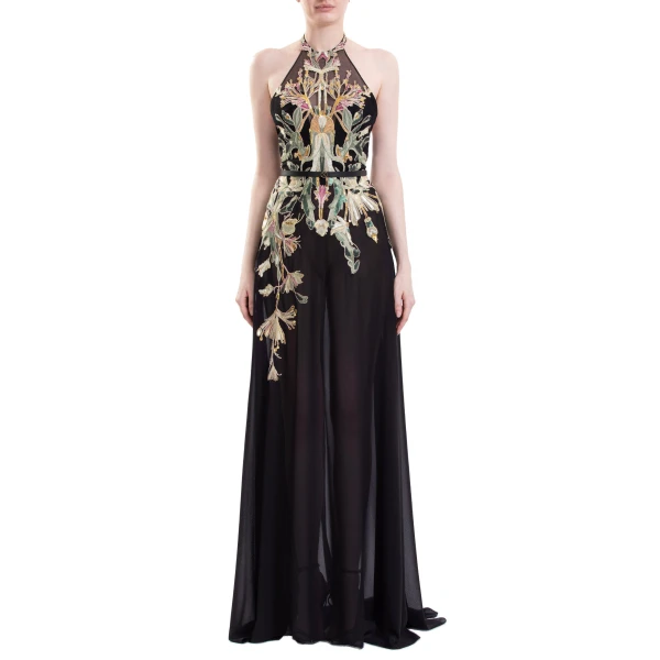 Saiid Kobeisy Embroidered Georgette Dress in Jet Black, view 2