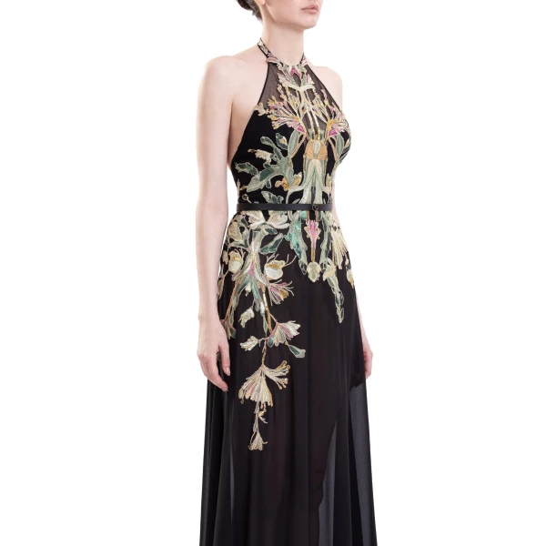 Saiid Kobeisy Embroidered Georgette Dress in Jet Black, view 3
