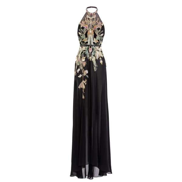 Saiid Kobeisy Embroidered Georgette Dress in Jet Black