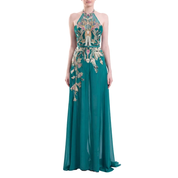 Saiid Kobeisy Embroidered Georgette Dress in North Sea, view 2