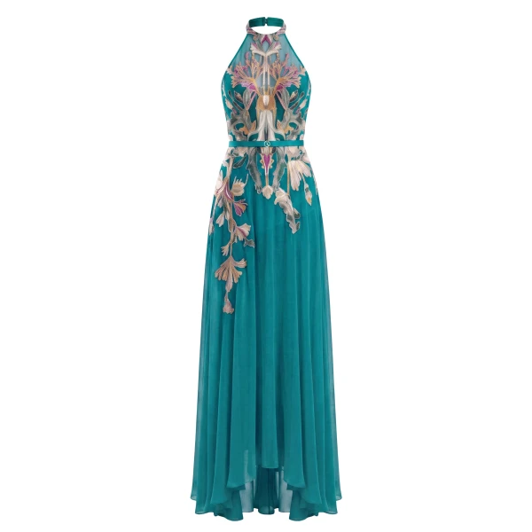 Saiid Kobeisy Embroidered Georgette Dress in North Sea