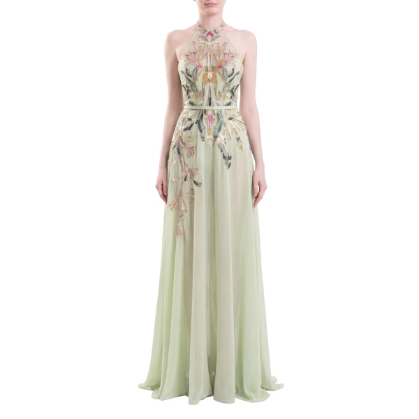Saiid Kobeisy Embroidered Georgette Dress in Reed, view 2