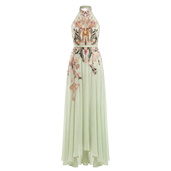 Saiid Kobeisy Embroidered Georgette Dress in Reed