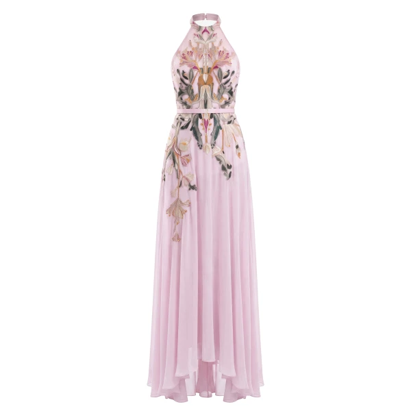 Saiid Kobeisy Embroidered Georgette Dress in Salsa Rosa
