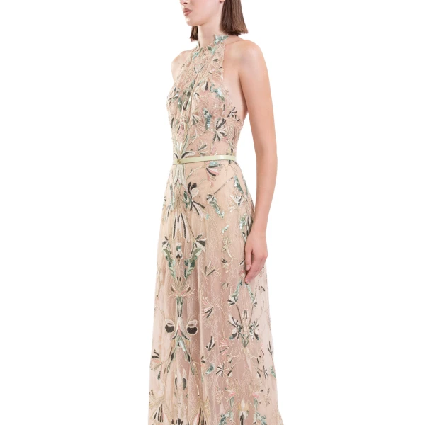 Saiid Kobeisy Embroidered Halter-Neck Lace Dress in Skin and Multicolour, view 2