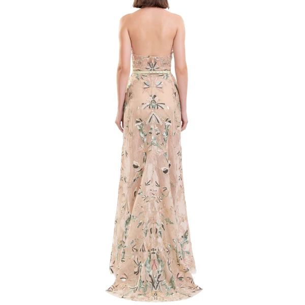 Saiid Kobeisy Embroidered Halter-Neck Lace Dress in Skin and Multicolour, view 3