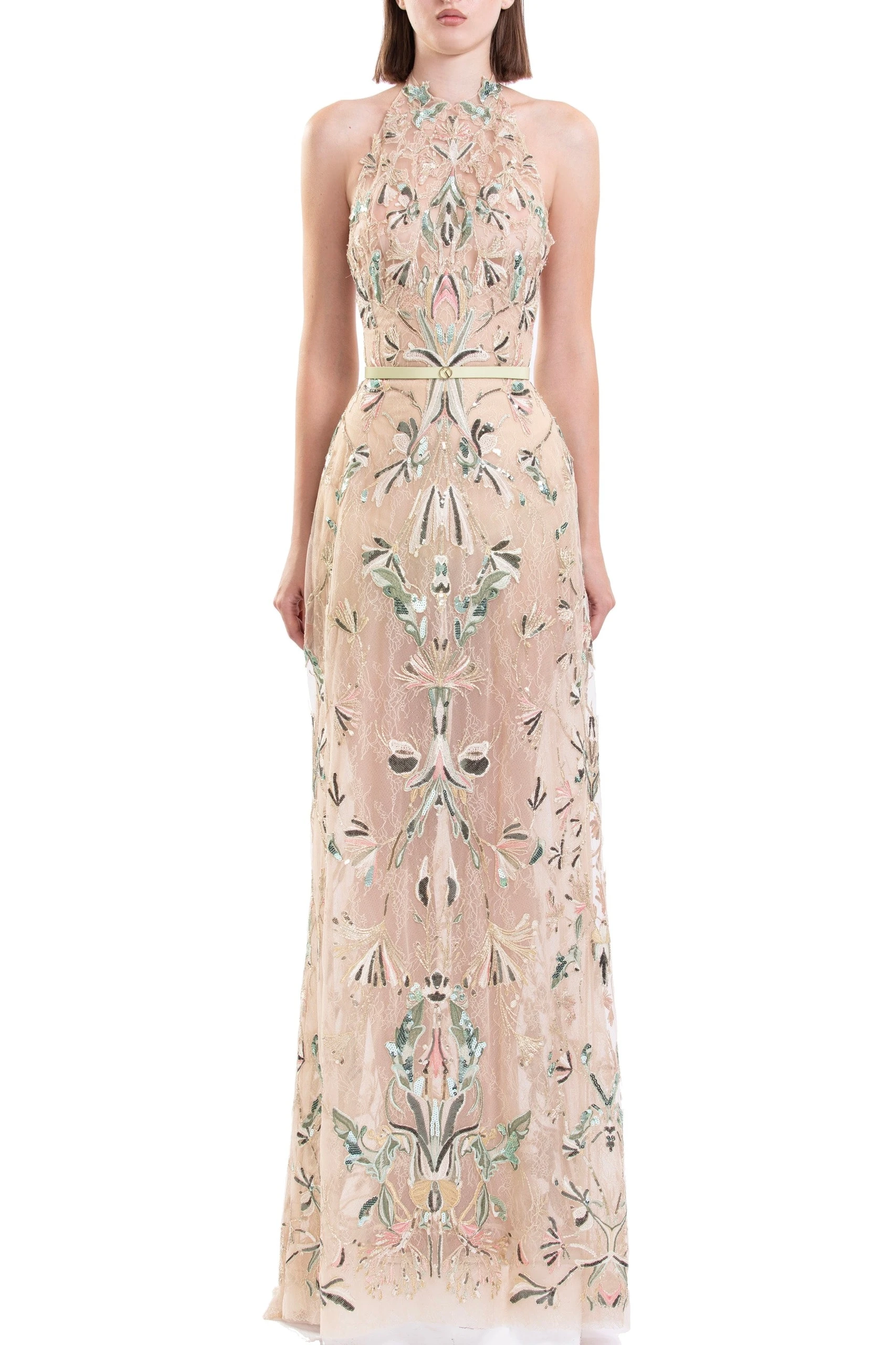Saiid Kobeisy Embroidered Halter-Neck Lace Dress in Skin and Multicolour | Dresses | Coveti Saiid Kobeisy Embroidered Halter-Neck Lace Dress in Skin and Multicolour