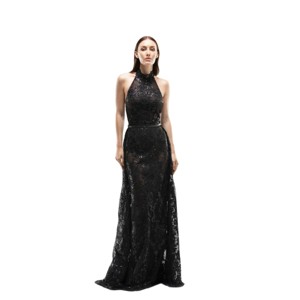 Saiid Kobeisy Embroidered Lace Dress in Jet Black, Style 32, view 2