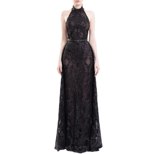 Saiid Kobeisy Embroidered Lace Dress in Jet Black, Style 32, view 3