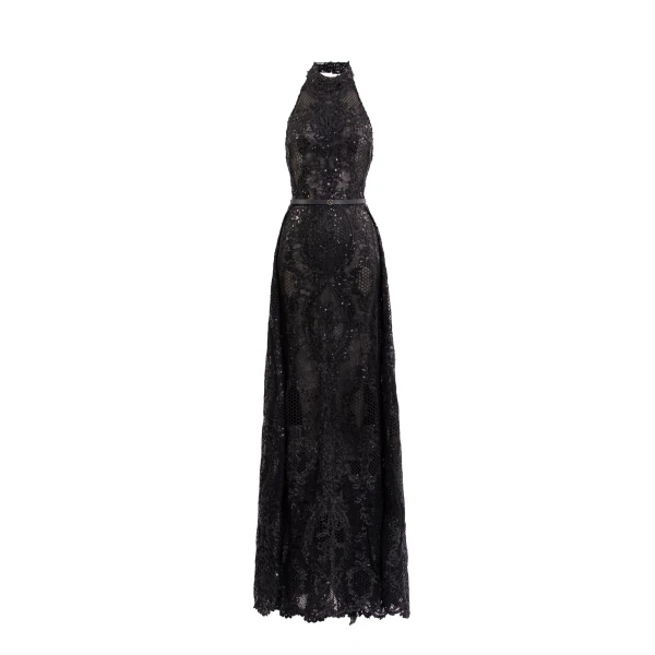 Saiid Kobeisy Embroidered Lace Dress in Jet Black, Style 32
