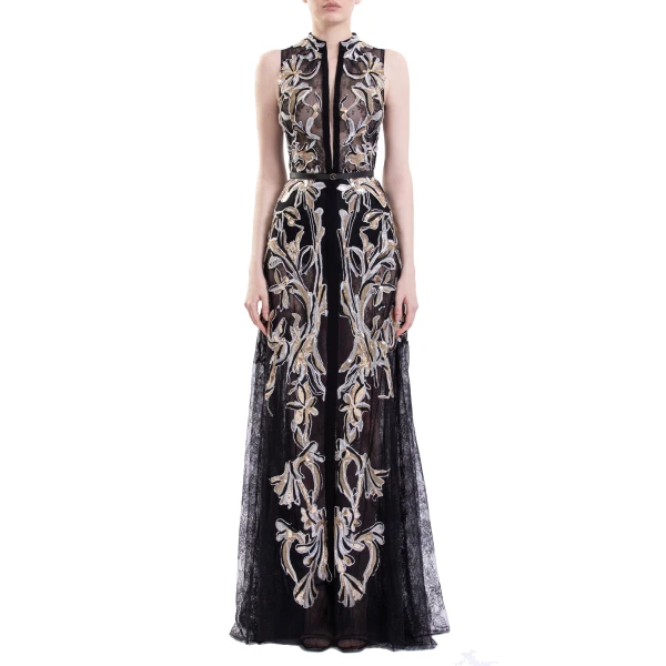Saiid Kobeisy Embroidered Lace Dress in Jet Black, Style 64, view 3