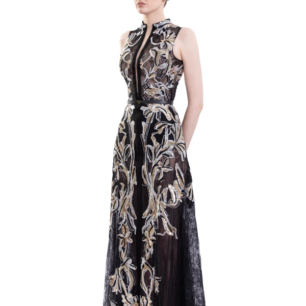 Saiid Kobeisy Embroidered Lace Dress in Jet Black, Style 64, view 4