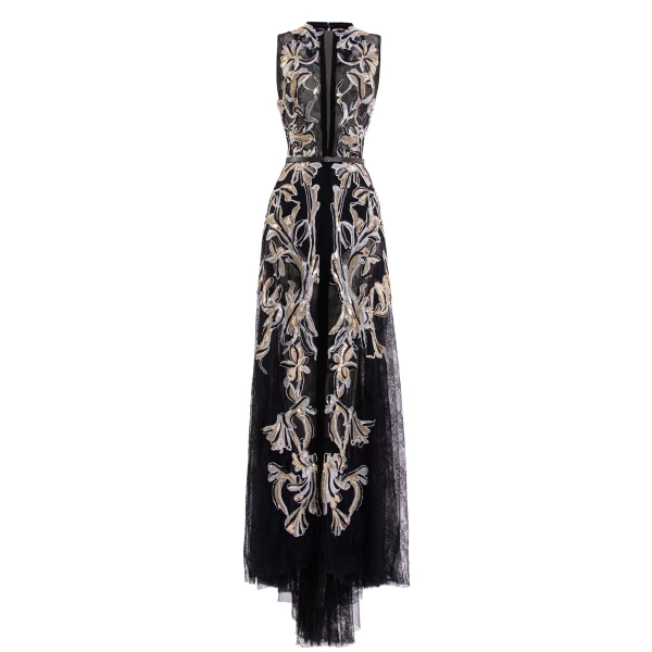 Saiid Kobeisy Embroidered Lace Dress in Jet Black, Style 64