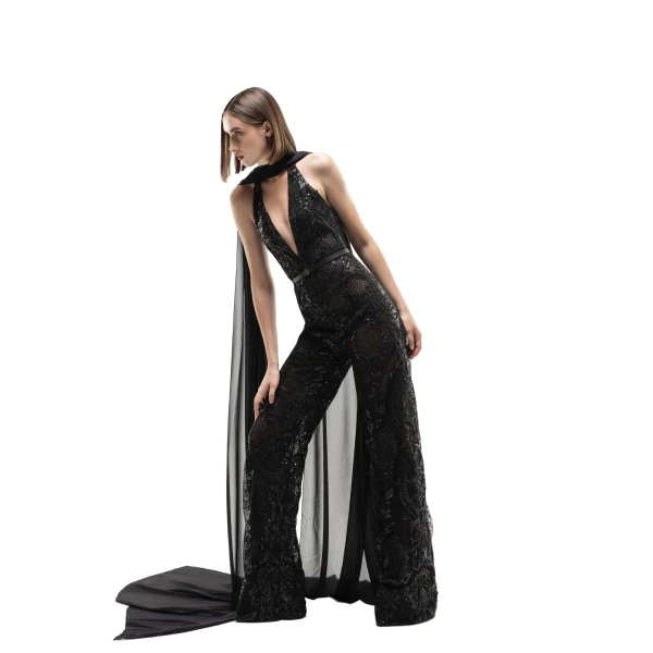 Saiid Kobeisy Embroidered Lace Jumpsuit in Jet Black, view 2