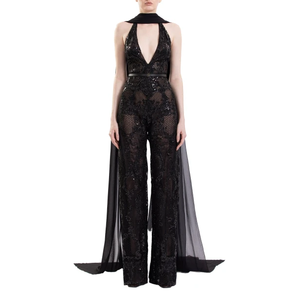 Saiid Kobeisy Embroidered Lace Jumpsuit in Jet Black, view 3