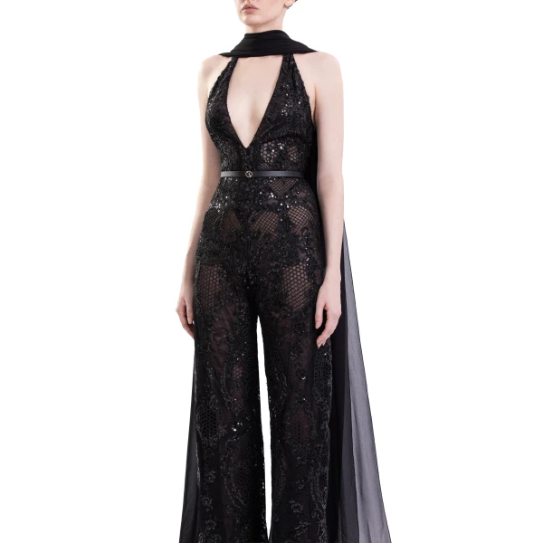 Saiid Kobeisy Embroidered Lace Jumpsuit in Jet Black, view 4