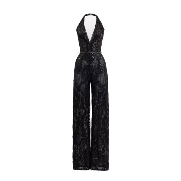Saiid Kobeisy Embroidered Lace Jumpsuit in Jet Black