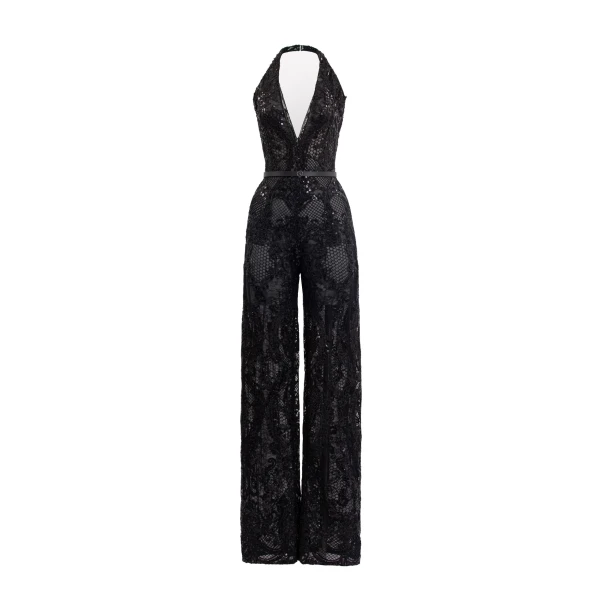 Embroidered Lace Jumpsuit in Jet Black