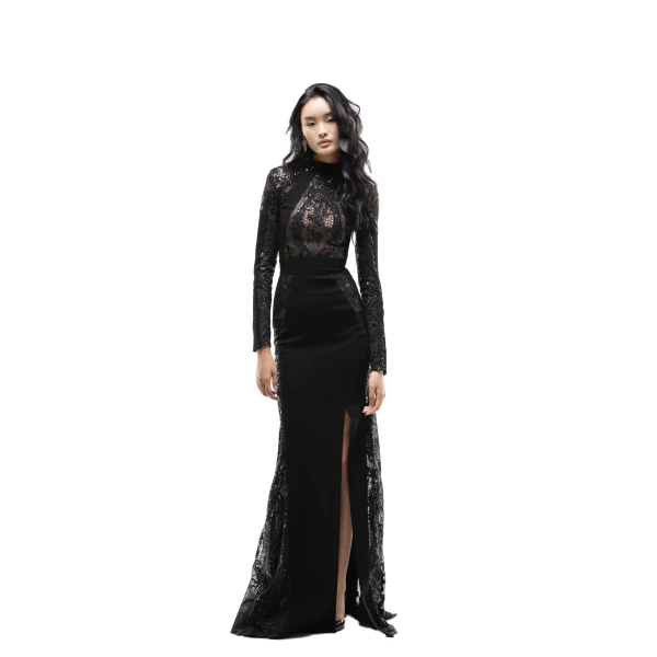 Saiid Kobeisy Embroidered Lace Long Sleeve Dress in Jet Black, view 2