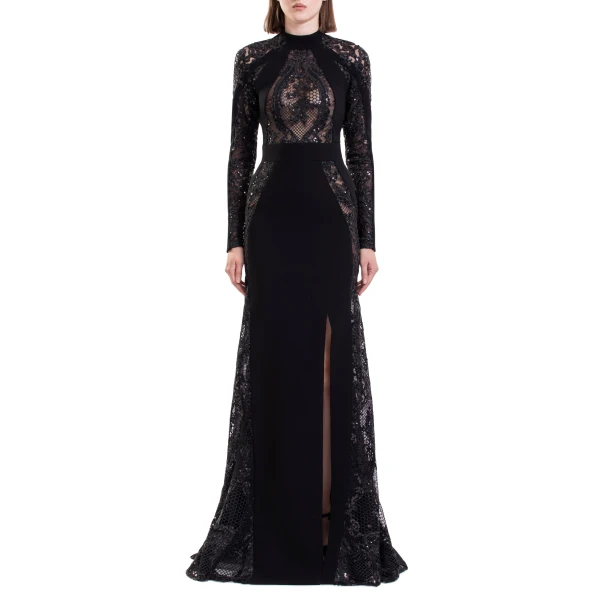 Saiid Kobeisy Embroidered Lace Long Sleeve Dress in Jet Black, view 3