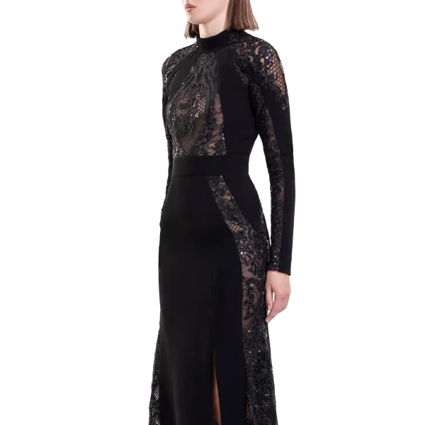 Saiid Kobeisy Embroidered Lace Long Sleeve Dress in Jet Black, view 4