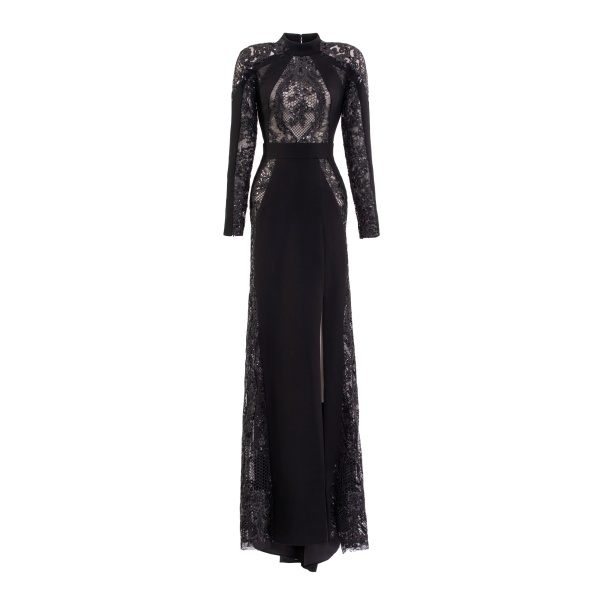 Saiid Kobeisy Embroidered Lace Long Sleeve Dress in Jet Black