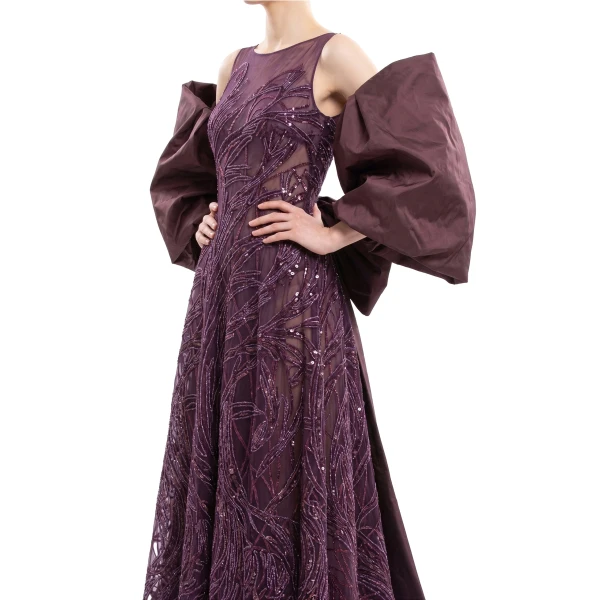 Saiid Kobeisy Embroidered Long Dress in Italian Plum, Style 59, view 3